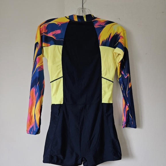 Long Sleeve Navy & Yellow One Piece Rash Guard Zipper Swimsuit NWOT - Picture 5 of 8